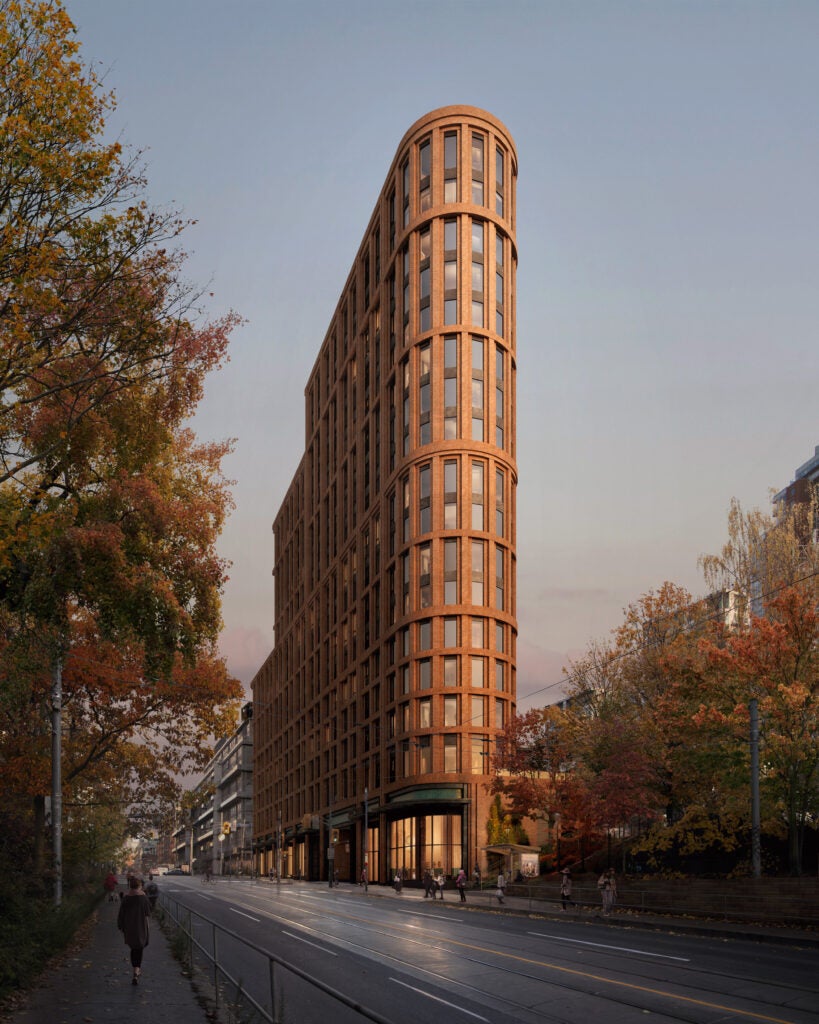 rendering of the new development at 1071 King st W Toronto. Seen from King st. with people walking by.