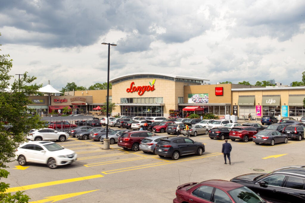 exterior of Longo's Grocery Store at York Mills Gardens with parking lot and parked cars